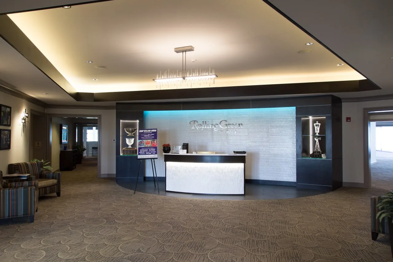 Golf club reception area with trophy displays